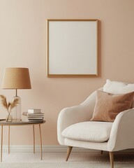 A white chair with a brown pillow sits in front of a white wall