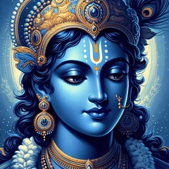 Divine Digital Painting of Lord Krishna with Enchanting Blue Complexion, Capturing His Sacred Essence Ideal for Home Decor and Print Illustrations
