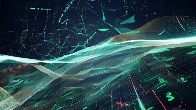 Complex patterns of light and data merge together to create an intricate cyber wave.