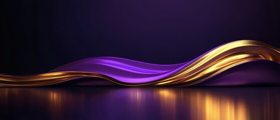 Abstract purple and gold podium with flowing liquid gold accents, set on a dark reflective floor, purple and gold podium, modern luxury