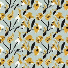 Naklejka premium Modern printed fabric wildflower blockprint pattern with linen fabric textures. Stylized hand drawn boho dark florals for decorative design elements in repeatable background tile.