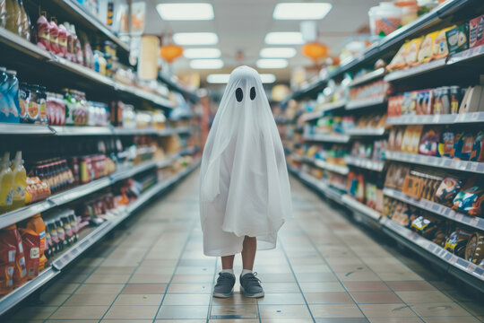 Photo of a child dressed as a ghost inside a supermarket