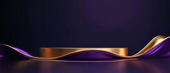 Abstract purple and gold podium with flowing liquid gold accents, set on a dark reflective floor, purple and gold podium, modern luxury