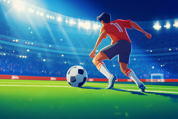 Naklejka premium Dynamic shot of a soccer player about to kick the ball on a well-lit stadium field during a match, cartoon style, 3d rendering. Generative AI