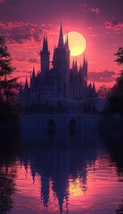 Naklejka premium Ethereal Castle at Dusk: A Majestic and Enigmatic Fortress Basking in the Soft Glow of the Setting Sun, Anime-Inspired, storybook illustrations, comic strips, book illustrations and picture books