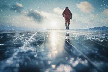Obraz premium A person in a bright red suit walks on the surface of a frozen lake, surrounded by snow-covered trees and ice