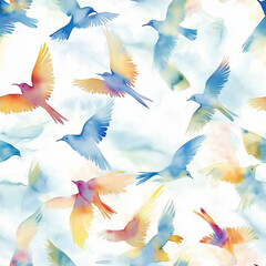 Obraz premium Colorful watercolor birds in flight, featuring light blues, oranges, and yellows, creating a soft, airy pattern perfect for a peaceful, seamless wallpaper design.