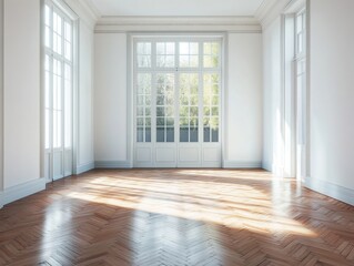 Fototapeta premium A large, empty room with a large window and wooden floors