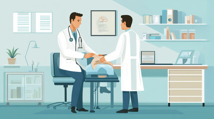 Fototapeta premium A doctor performing a physical examination on a patient, with a well-lit medical office
