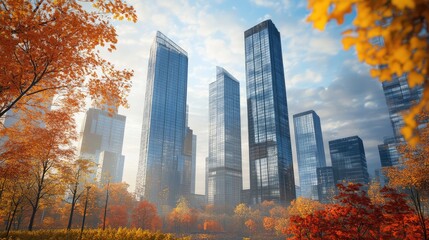 Obraz premium Autumn, skyscrapers in the city, modern buildings against the autumn sky. The generation of AI