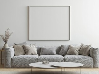 A white couch with pillows and a white framed picture on the wall