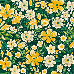 Seamless floral pattern with large yellow and white flowers, green leaves on a dark green background. Vibrant, cheerful design perfect for spring-themed fabrics or home decor.