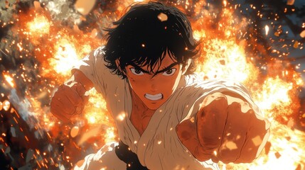 Naklejka premium Dynamic Anime Fighter in Mid-Punch with Intense Expression and Sparks Flying in High-Impact Scene