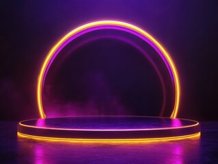 Futuristic purple and gold podium, glowing neon edges, set against a dark abstract background, purple and gold podium, futuristic presentation