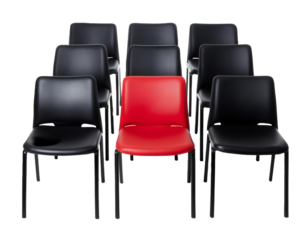Red chair among black chairs, isolated on a transparent or white background