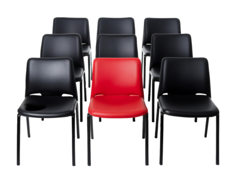 Red chair among black chairs, isolated on a transparent or white background