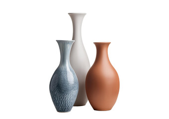 three ceramic vases isolated on a transparent or white background