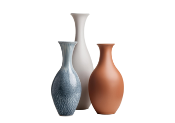 three ceramic vases isolated on a transparent or white background