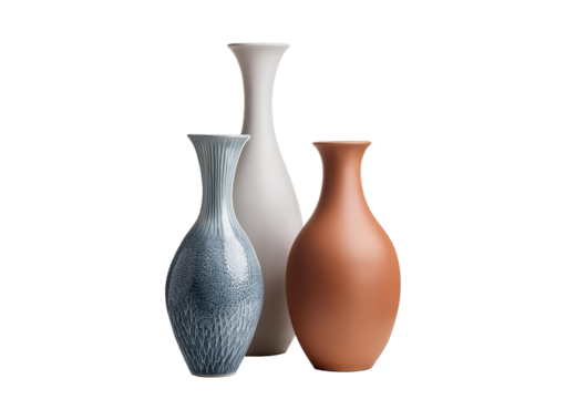 three ceramic vases isolated on a transparent or white background