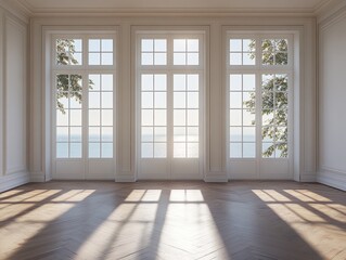 Obraz premium A large, empty room with three large windows overlooking a body of water