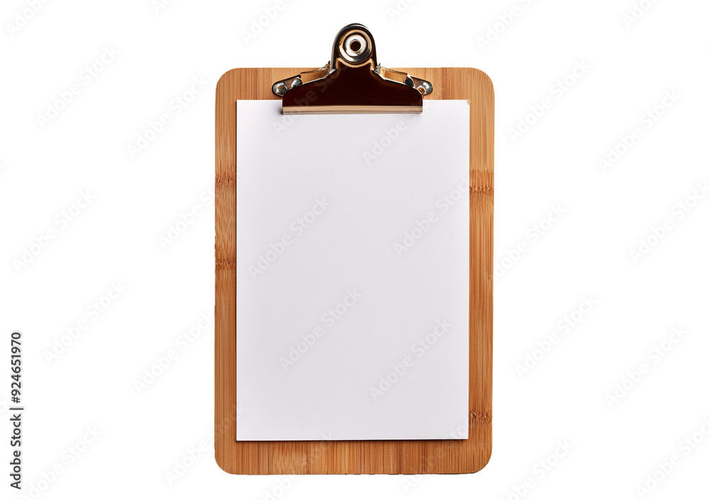 Wall mural Wooden clipboard with blank paper isolated on a transparent or white background