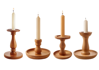 Collection Wooden candlestick with candle isolated on a transparent or white background