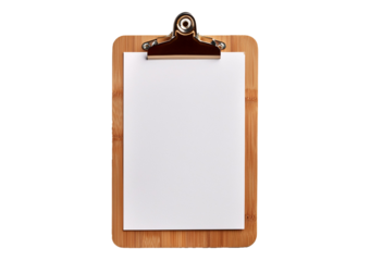 Wooden clipboard with blank paper isolated on a transparent or white background