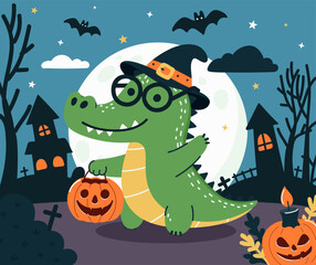 Happy Halloween. Cute crocodile with glasses and witch hat on Halloween night.