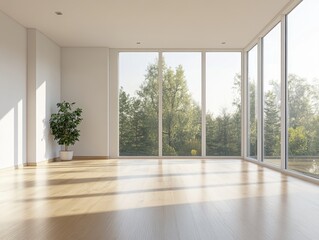 Obraz premium A large open room with a potted plant and a window