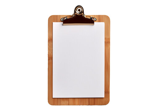 Wooden clipboard with blank paper isolated on a transparent or white background