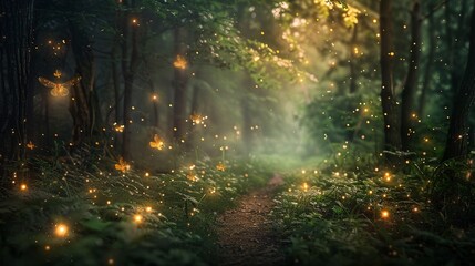 Glowing fireflies, twilight forest path, soft focus, magical evening, serene ambiance