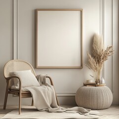 A white framed picture hangs on a wall in a room