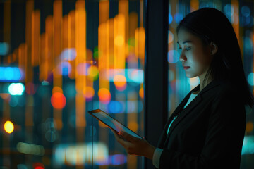 Businesswoman in a suit working on a tablet with a cityscape and bokeh lights in the background.