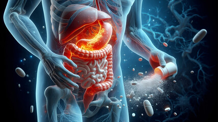 A beautifully created, realistic HD image depicting the process of paracetamol absorption in the human body, focusing on the journey of the medication from the stomach to the bloodstream.