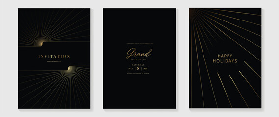 Luxury invitation card background vector. Golden elegant wavy gold line pattern on black background. Premium design illustration for wedding and vip cover template, grand opening, gala.