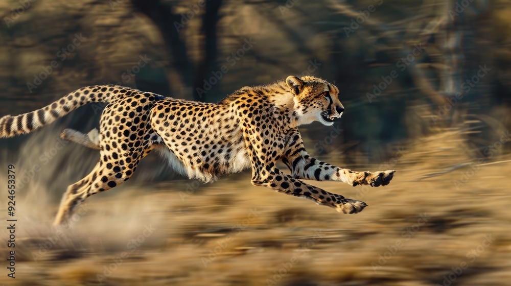 Poster a cheetah runs through a dry and golden grass field, showcasing its speed and agility