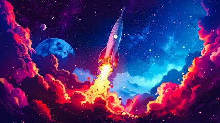 Igniting the Cosmos: A rocket ship blasts off through a vibrant nebula, symbolizing ambition, exploration, and the pursuit of dreams.