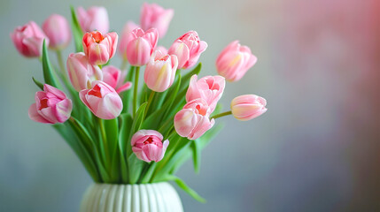 Obraz premium Pink Tulips in Bloom: A bouquet of pastel pink tulips enchants with delicate beauty, radiating springtime charm against a soft, ethereal backdrop.