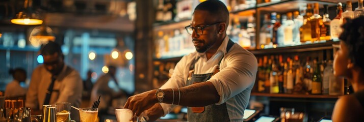 A bartender is seen busy preparing drinks in a bustling, well-lit bar, creating an engaging and lively night scene.