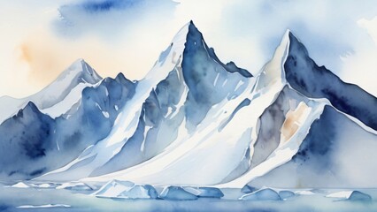 watercolor of A stunning iceberg, surrounded by snow-capped mountains and a vast winter landscape under a clear blue sky
