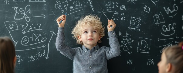 Engaging Math Lesson: Young Boy Solving Equations on Blackboard While Classmates Watch., Generative Ai