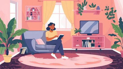 Fototapeta premium A woman enjoys her time reading on a tablet in a bright, inviting living room