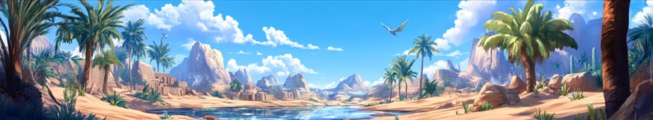 Dreamy Desert Oasis with Pristine Springs and Lush Vegetation, an Anime-Inspired Haven of Serenity in a Sea of Sand, storybook illustrations, comic strips, book illustrations and picture books,Abstrac