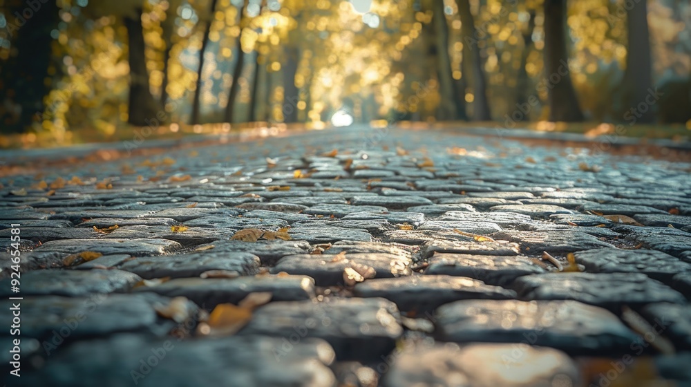 Aufkleber a quiet and serene scene of a cobblestone road surrounded by lush green trees, perfect for use as a 