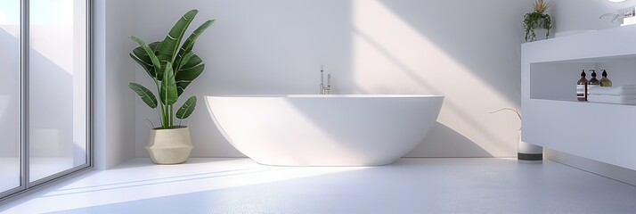 Fototapeta premium A well-lit bathroom featuring a large white bathtub and vibrant green plant decor, creating a fresh and invigorating atmosphere.