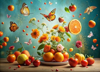 Whimsical still life of oranges and cherry tomatoes suspended in mid-air amidst a flurry of colorful butterflies and delicate flower petals.