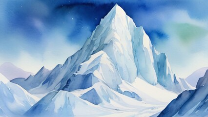 watercolor of A stunning iceberg, surrounded by snow-capped mountains and a vast winter landscape under a clear blue sky