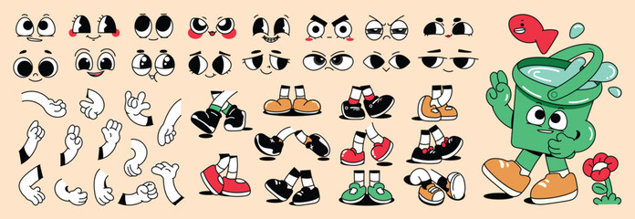 Set of 70s groovy comic vector. Collection of cartoon character faces in different emotions, sad, happy with hand, shoes. Cute retro groovy hippie illustration for decorative, sticker.