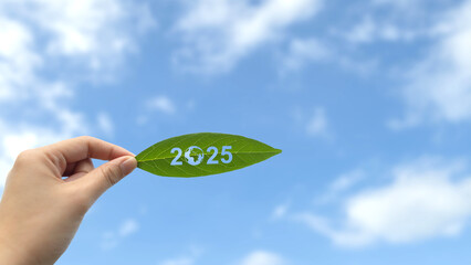 Hand holding leaves with text 2025 on blue sky. New Year 2025. Green recycling and environmental...