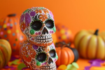 Fototapeta premium dia de los muertos sugar skulls stacked on top of each other, surrounded by flying confetti and pumpkins, orange background, Halloween vibe 